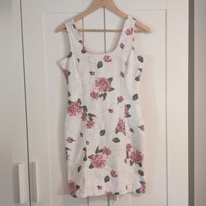Floral Sleeveless Jean Dress - White and Pink
